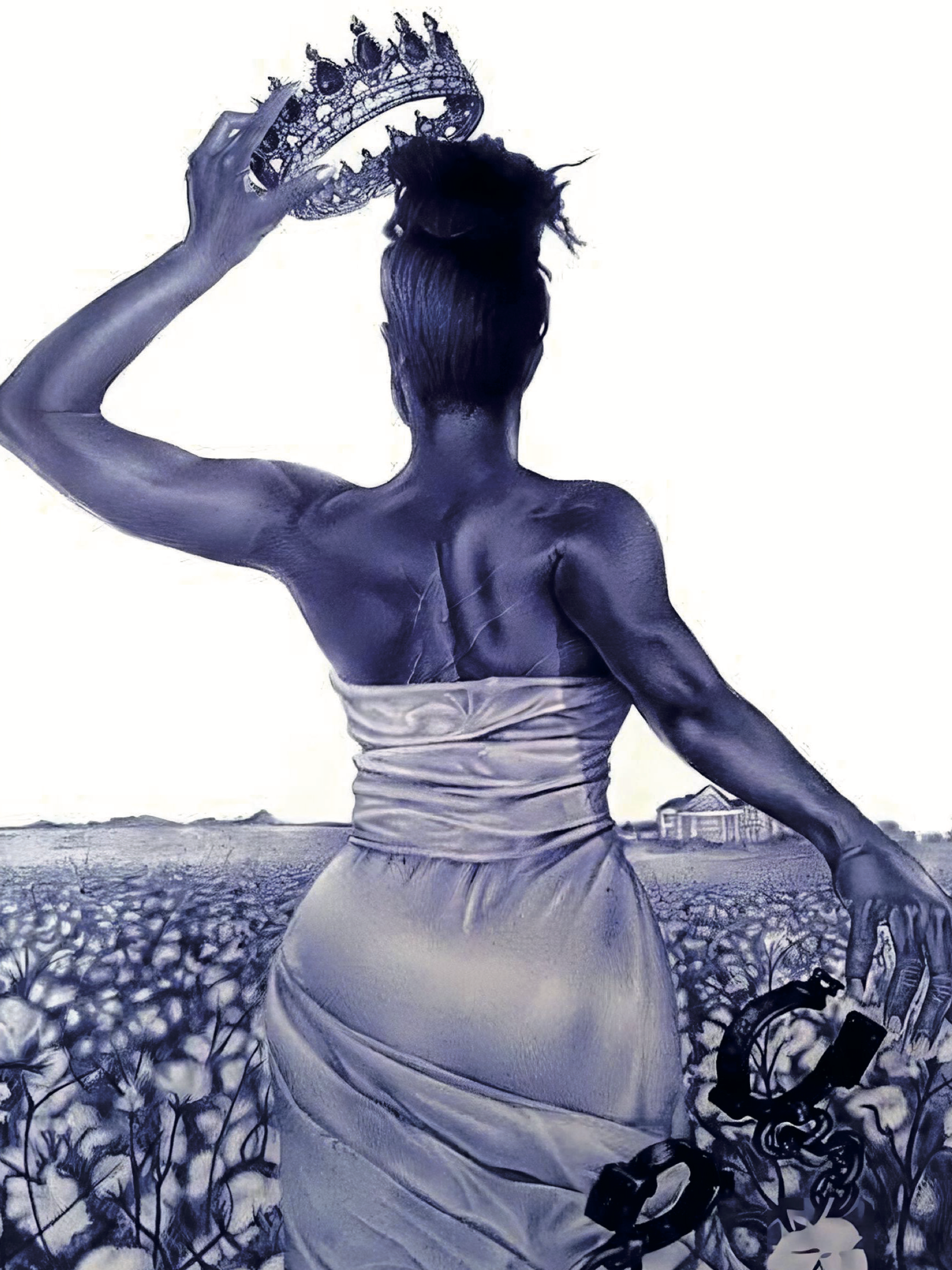 a detailed pencil drawing featuring a Black woman facing away from the viewer, dropping chains and placing a crown on her head