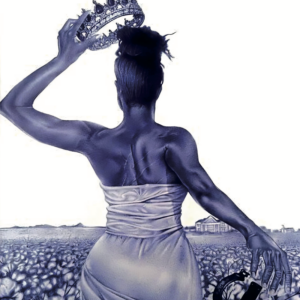 a detailed pencil drawing featuring a Black woman facing away from the viewer, dropping chains and placing a crown on her head